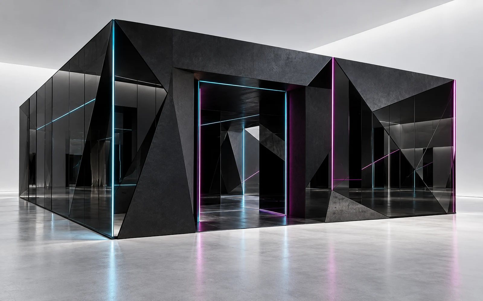 Concepto ilustrativo de pabellón monolítico oscuro con cristal reflectante y luz cian y magenta