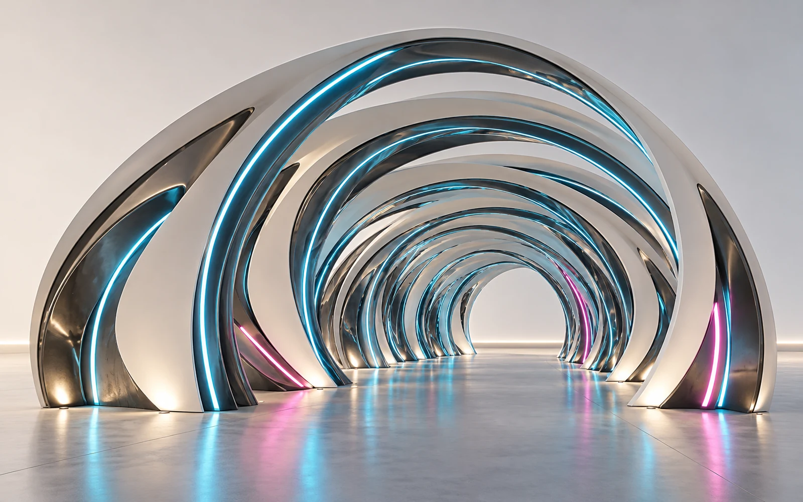 Concepto ilustrativo de túnel escultórico de arcos con iluminación cian y magenta