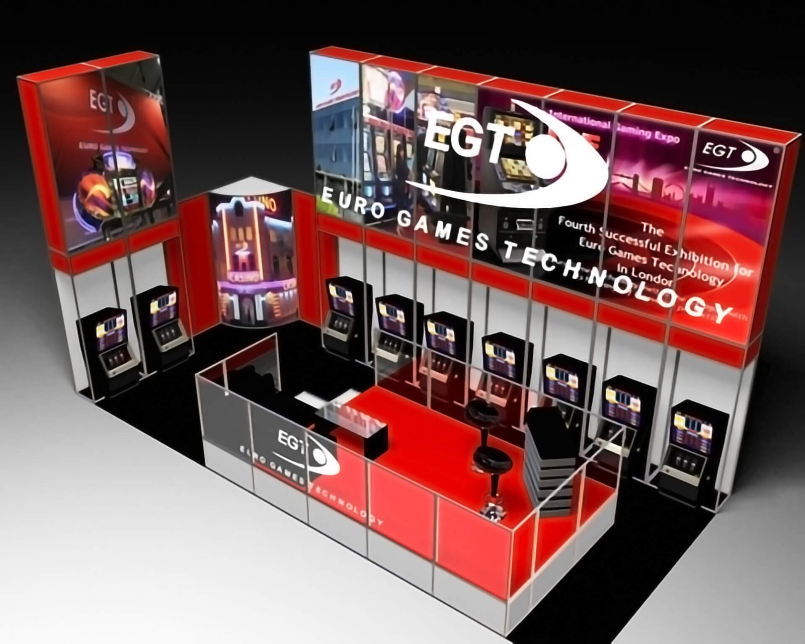 Stand técnico con rigging y pantallas